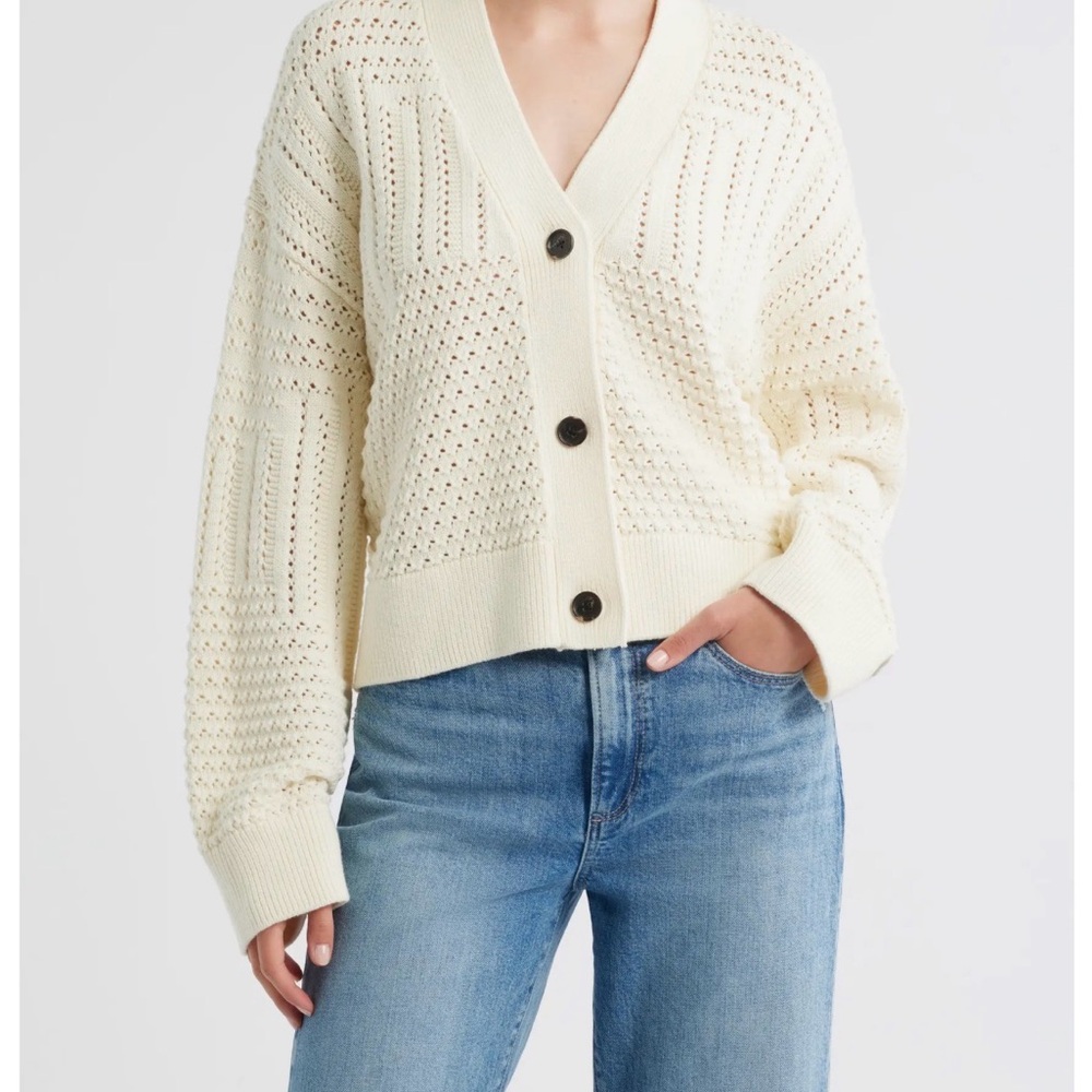 Rains Geneva Cardigan in Ivory Patchwork Pointelle